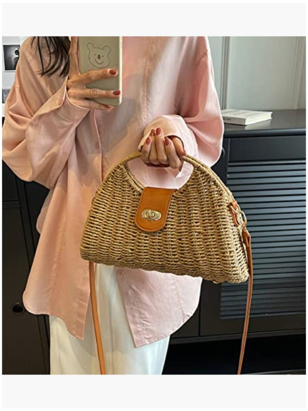 Handwoven Straw Crossbody Tote Bag with Rattan Top Handle - Picture 7 of 7